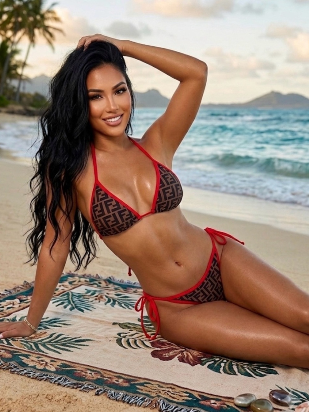 Fendi Brown Monogram Bikini with Red Trim